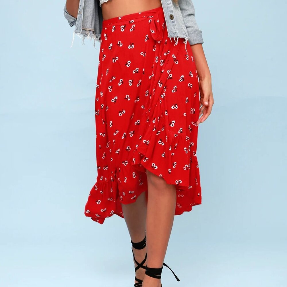 Billabong Dancing Til Dawn Red Floral Print Midi Wrap Skirt